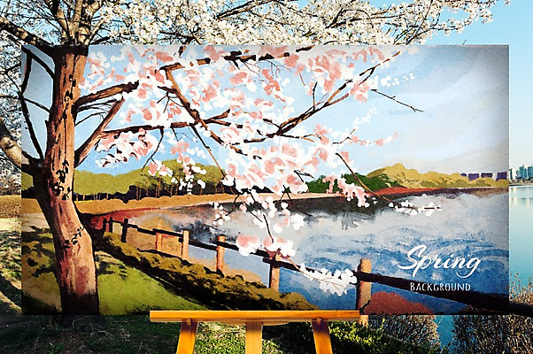 주간 PSD 나무 편집 백그라운드 일러스트 하늘 산 풍경 사람없음 야외 울타리 강 봄 벚꽃 이젤 봄배경 국내일러스트 자연요소 식물 계절 꽃 담장 미술도구 파일형식