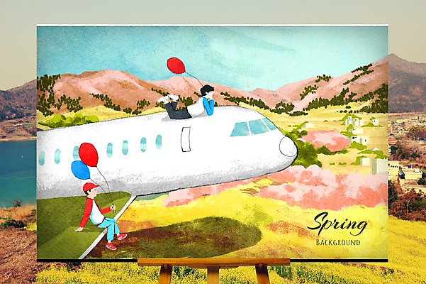 주간 PSD 나무 편집 남자 어린이 백그라운드 일러스트 하늘 비행기 풍경 야외 두명 봄 벚꽃 비행 개나리 이젤 풍선 봄배경 국내일러스트 자연요소 식물 계절 꽃 항공교통 대중교통 사람 미술도구 파일형식