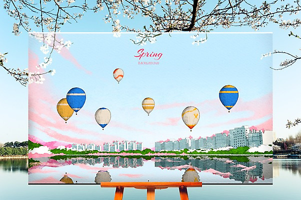 주간 PSD 나무 편집 백그라운드 일러스트 하늘 아파트 풍경 사람없음 야외 강 봄 벚꽃 열기구 이젤 봄배경 국내일러스트 자연요소 식물 계절 꽃 항공교통 주택 미술도구 파일형식