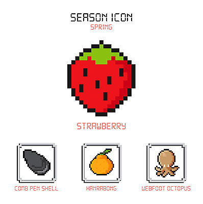 아이콘 딸기 사람없음 세트 봄 한라봉 주꾸미 키조개 픽셀 제철음식 2D아이콘 AI파일 계절 음식 과일 조개 연체동물 수중동물 제철 파일형식 벡터