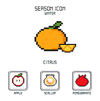 아이콘 겨울 귤 사람없음 세트 사과 석류 가리비 픽셀 2D아이콘 AI파일 계절 과일 조개 파일형식 벡터
