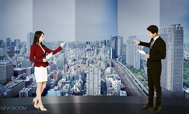 전신 PSD 편집이미지 여자 남자 안내 실내 서기 들기 정장 손짓 20대 성인 두명 옆모습 마주보기 한국인 도시 뉴스 아나운서 디지털합성 대본 디지털아트 성인만 뉴스룸 이미지편집 직업 옷 뷰포인트 모션 사람 동양인 청년 내부 파일형식