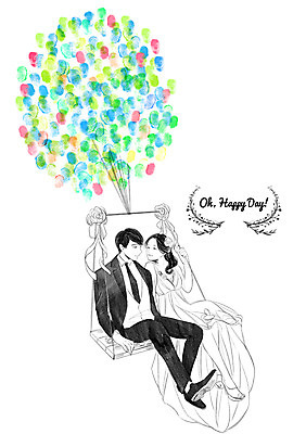 PSD 커플 여자 남자 신부 웨딩드레스 신랑 결혼 일러스트 정장 턱시도 성인 두명 풍선 그네타기 국내일러스트 드레스 옷 관계 놀이 사람 이벤트 그네 파일형식