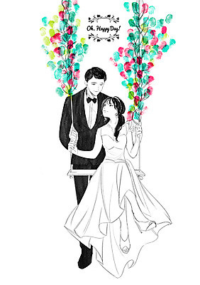 PSD 커플 여자 남자 신부 웨딩드레스 신랑 결혼 일러스트 정장 턱시도 성인 두명 그네타기 국내일러스트 드레스 옷 관계 놀이 사람 이벤트 그네 파일형식