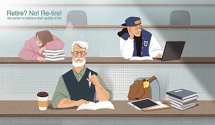 PSD 여자 노년 남자 의자 가방 일러스트 실내 성인 책 세명 노트북 실버라이프 태블릿 목표 종이컵 강의실 집중 책상 열정 안경낌 국내일러스트 라이프스타일 잡화 교육 감정 안경 가구 컨셉 사람 내부 컵 전자제품 스마트기기 공간 일회용 파일형식