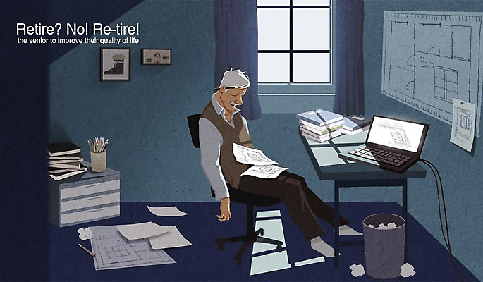 PSD 노년 남자 종이 액자 의자 일러스트 창문 휴식 실내 피곤 한명 노트북 실버라이프 연필 설계도 쓰레기통 잠 커튼 책상 국내일러스트 1 라이프스타일 가구 컨셉 학용품 건설업 사람 성인 내부 전자제품 필기구 파일형식