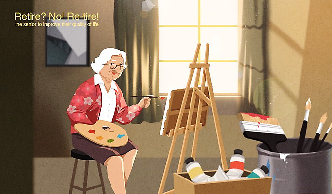 PSD 여자 노년 여유 액자 의자 일러스트 창문 실내 한명 실버라이프 물감 붓 커튼 그리기 팔레트 즐거움 이젤 안경낌 국내일러스트 1 라이프스타일 감정 안경 가구 모션 사람 성인 내부 미술도구 파일형식