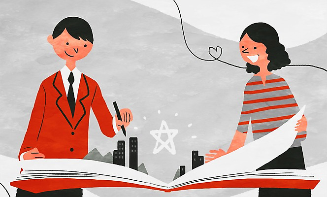 PSD 학생 여자 남자 교복 별 일러스트 청소년 산 빌딩 성인 두명 책 펜 학부모 국내일러스트 자연요소 옷 사람 건물 부모 필기구 파일형식