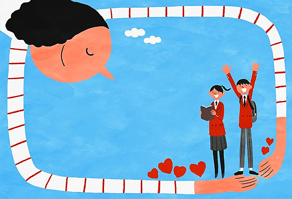 PSD 구름 학생 여자 남자 교복 일러스트 청소년 책가방 성인 책 세명 하트 보호 학부모 국내일러스트 자연요소 모양 옷 컨셉 가방 사람 부모 파일형식