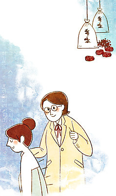 PSD 여자 일러스트 성인 두명 한의학 약재 한약 대추 한의원 한의사 침술 국내일러스트 의학 병원 사람 약 의사 파일형식