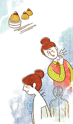 PSD 여자 일러스트 성인 두명 한의학 약재 한약 한의원 한의사 침술 뜸 목통증 국내일러스트 의학 병원 사람 약 고통 의사 파일형식