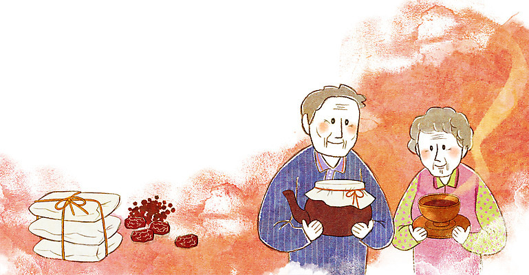 PSD 여자 노년 남자 일러스트 두명 한의학 약재 한약 대추 한의원 약탕기 침술 약봉지 국내일러스트 의학 주방용품 병원 사람 성인 약 파일형식