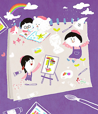 PSD 구름 직업 여자 남자 어린이 무지개 일러스트 곰 세명 새싹 물감 붓 체험학습 체험 그리기 팔레트 스케치북 이젤 호기심 예술가 화가 인물조각상 직업체험 국내일러스트 자연요소 식물 동물 감정 컨셉 포유류 모션 학용품 사람 조각상 미술도구 파일형식