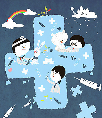 PSD 구름 직업 여자 남자 어린이 무지개 일러스트 곰 청진기 주사기 세명 새싹 진료 간호사 의사 눈 토끼 체험학습 체험 호기심 붕대 직업체험 국내일러스트 자연요소 식물 동물 감정 컨셉 포유류 의학 의료기기 날씨 사람 반려동물 의료진 파일형식