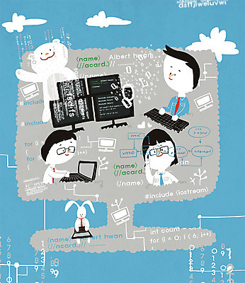 PSD 구름 직업 여자 남자 어린이 일러스트 곰 세명 컴퓨터 모니터 토끼 키보드 체험학습 체험 호기심 직업체험 컴퓨터프로그래머 프로그래머 국내일러스트 자연요소 동물 감정 컨셉 포유류 사람 전자제품 반려동물 파일형식