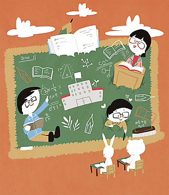 PSD 구름 직업 여자 남자 어린이 일러스트 곰 학교 책 세명 연필 교사 칠판 토끼 체험학습 체험 책상 호기심 칠판지우개 직업체험 단상 국내일러스트 자연요소 동물 교육 감정 가구 컨셉 포유류 학용품 사람 반려동물 필기구 파일형식