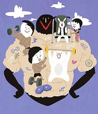 PSD 구름 직업 여자 남자 어린이 일러스트 곰 근육 세명 운동기구 헬스 아령 토끼 체험학습 체험 역기 호기심 트레이너 직업체험 국내일러스트 자연요소 동물 감정 컨셉 포유류 사람 반려동물 운동 파일형식