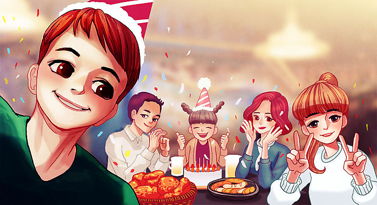 PSD 여자 남자 행복 일러스트 여러명 성인 케이크 치킨 다정 고깔모자 축하 생일파티 소시지 셀프카메라 브이 맥주잔 생일상 인증 자랑 국내일러스트 모자_잡화 감정 다수 컨셉 술잔 디저트 사람 손짓 사진촬영 생일 가공식품 닭고기요리 파일형식