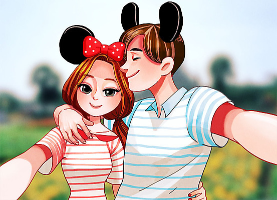 주간 PSD 커플 여자 남자 리본 일러스트 사랑 성인 야외 두명 다정 반팔티셔츠 머리띠 셀프카메라 인증 자랑 국내일러스트 자연요소 감정 컨셉 티셔츠 장신구 관계 사람 사진촬영 파일형식