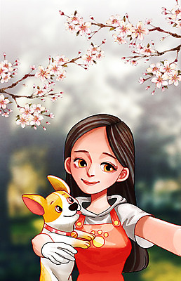 주간 PSD 여자 행복 일러스트 한명 성인 야외 반려동물 다정 벚꽃 강아지 셀프카메라 인증 자랑 국내일러스트 자연요소 동물 1 꽃 감정 컨셉 사람 사진촬영 개 파일형식