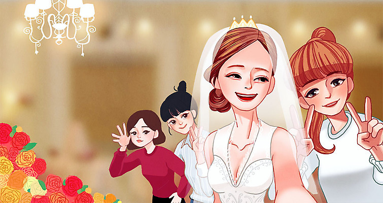 PSD 여자 꽃 웨딩드레스 일러스트 결혼식 조명 여러명 성인 다정 우정 축하 셀프카메라 브이 인증 자랑 국내일러스트 식물 드레스 다수 결혼 컨셉 사람 손짓 친구 사진촬영 파일형식