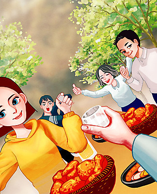 주간 PSD 나무 여자 남자 여유 일러스트 함께함 여러명 성인 야외 소풍 치킨 소시지 셀프카메라 즐거움 소주잔 인증 자랑 국내일러스트 자연요소 식물 감정 다수 컨셉 술잔 사람 야외활동 사진촬영 가공식품 소주 닭고기요리 파일형식