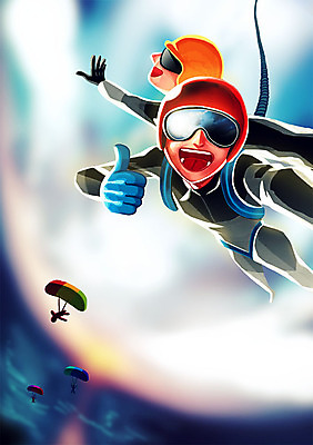 주간 PSD 여자 남자 일러스트 하늘 새로움 고글 여러명 성인 야외 기쁨 엄지손가락 체험 헬멧 셀프카메라 스카이다이빙 즐거움 인증 자랑 국내일러스트 자연요소 감정 다수 컨셉 손가락 사람 사진촬영 보호장비 익스트림스포츠 파일형식