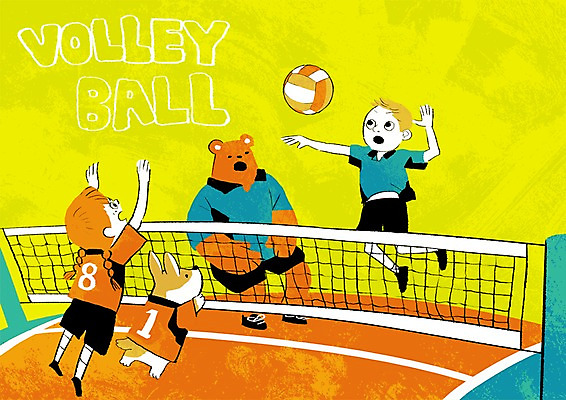 PSD 동물 여자 남자 어린이 스포츠 일러스트 곰 두명 강아지 배구 배구공 배구장 국내일러스트 스포츠용품 공 포유류 사람 반려동물 구기 개 파일형식