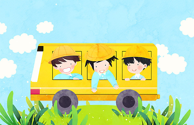 PSD 구름 여자 남자 어린이 일러스트 세명 유치원생 풀잎 유치원생라이프 유치원복 셔틀버스 프레임일러스트 국내일러스트 자연요소 라이프스타일 옷 잎 버스 프레임 사람 풀_식물 파일형식