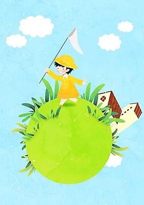 PSD 구름 남자 어린이 일러스트 주택 한명 유치원생 풀잎 유치원생라이프 유치원복 채집망 프레임일러스트 국내일러스트 자연요소 1 라이프스타일 옷 잎 프레임 사람 건물 풀_식물 파일형식