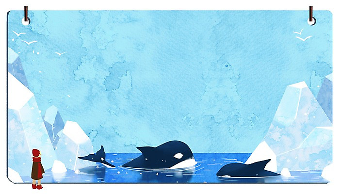 PSD 여자 바다 백그라운드 겨울 일러스트 한명 소녀 야외 눈 빙하 범고래 소녀만 겨울배경 국내일러스트 자연요소 1 계절 어린이 날씨 사람 고래 여자만 어린이만 파일형식