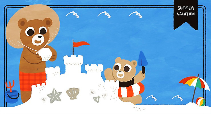 PSD 동물 일러스트 곰 가족 조개 들기 사람없음 깃발 파라솔 비치볼 모종삽 밀짚모자 모래성 튜브 동물가족 프레임일러스트 국내일러스트 모자_잡화 모래 공 포유류 관계 모션 어패류 프레임 바캉스용품 삽 파일형식