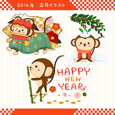 일본문화 일러스트 가면 사람없음 장식 원숭이 토끼 대나무 일본전통 해피뉴이어 원숭이캐릭터 2016년 사자춤 국내일러스트 AI파일 나무 동양문화 전통 외국문화 동물캐릭터 포유류 반려동물 일본 새해인사 춤 연도 파일형식 벡터