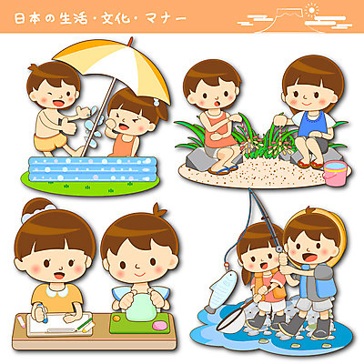 여자 남자 어린이 일본문화 일러스트 물놀이 낚시 폭죽 여름방학 어류 여러명 강 세트 바위 파라솔 낚싯대 스케치북 크레파스 점토 방학숙제 국내일러스트 AI파일 동양문화 외국문화 다수 놀이 레저 방학 학용품 사람 수중동물 돌_바위 낚시용품 과제 파일형식 벡터 여름_계절