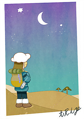 PSD 여자 별 여행 일러스트 배낭 밤하늘 한명 야자수 여행객 사막 달 발자국 모자가게 국내일러스트 자연요소 나무 1 가방 자국 하늘 사람 상점 야간 파일형식