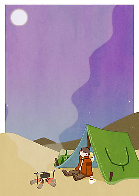 PSD 남자 여행 일러스트 배낭 텐트 한명 성인 여행객 사막 달 모닥불 국내일러스트 자연요소 1 가방 불 캠핑도구 사람 파일형식