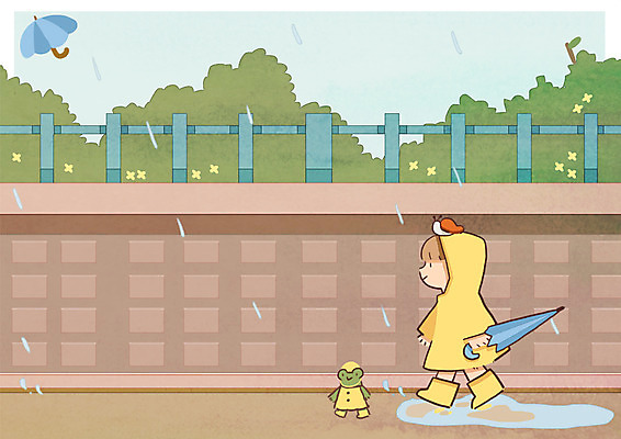 PSD 여자 어린이 여행 일러스트 우산 개구리 장화 한명 소년 담장 비 달팽이 우비 국내일러스트 자연요소 1 옷 남자 신발 날씨 연체동물 양서류 사람 파일형식