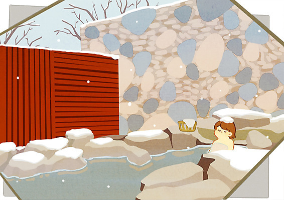 PSD 나무 여자 여행 일러스트 한명 성인 온천 돌_바위 눈 노천온천 온천여행 국내일러스트 자연요소 식물 1 날씨 사람 스파 파일형식