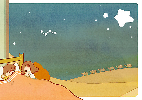 PSD 여자 남자 별 어린이 여행 일러스트 성인 두명 사막 침대 잠 낙타 국내일러스트 자연요소 가구 포유류 사람 파일형식