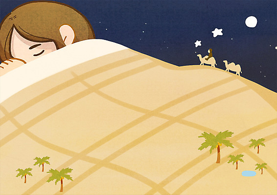 PSD 남자 별 어린이 여행 일러스트 밤하늘 한명 야자수 꿈 이불 사막 달 국내일러스트 자연요소 나무 1 침구 하늘 사람 야간 파일형식