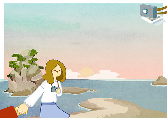 PSD 여자 바다 섬 여행 일러스트 한명 성인 태양 카메라 일출 국내일러스트 자연요소 1 사람 전자제품 노을 파일형식