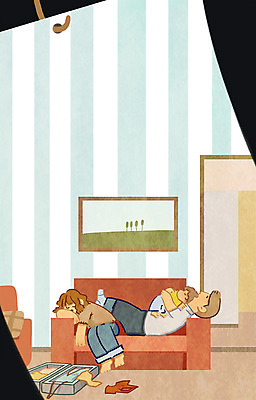 PSD 옷 여자 남자 여행 액자 일러스트 가족 집안 피곤 성인 세명 소파 캐리어 아기 국내일러스트 컨셉 의자 관계 실내 사람 여행가방 파일형식