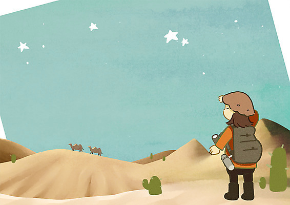 PSD 여자 별 여행 일러스트 배낭 밤하늘 선인장 한명 성인 여행객 사막 낙타 국내일러스트 자연요소 식물 1 가방 포유류 하늘 사람 야간 파일형식