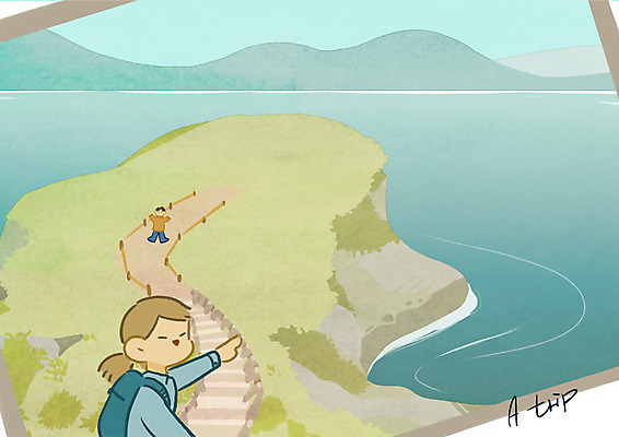 PSD 여자 남자 바다 섬 여행 일러스트 배낭 성인 두명 계단 국내일러스트 가방 사람 파일형식