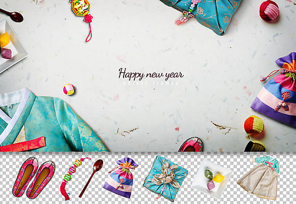 PSD 편집이미지 복주머니 사람없음 숟가락 한복 오브젝트 보따리 노리개 송편 꽃신 플랫레이 이미지편집 한국전통 신발 떡 전통소품 수저 플랫 전통의상 파일형식