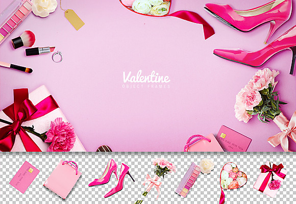 PSD 편집이미지 분홍색 꽃다발 발렌타인데이 사람없음 선물상자 쇼핑백 립스틱 신용카드 하이힐 오브젝트 메이크업브러쉬 플랫레이 이미지편집 꽃 구두 컬러 가방 데이이벤트 선물 금융 상자 화장품 붓 플랫 여성화 파일형식