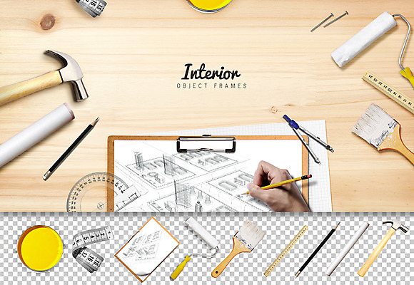 PSD 편집이미지 줄자 자 사람없음 인테리어 연필 설계도 망치 스케치 오브젝트 롤러 페인트붓 컴파스 페인트롤러 플랫레이 이미지편집 디자인 문구용품 학용품 건설업 미술 필기구 공구 붓 플랫 파일형식