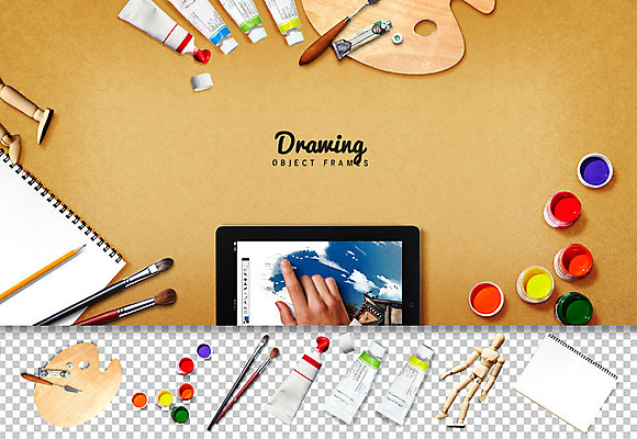 PSD 편집이미지 손 사람모양 신체부위 태블릿 물감 미술도구 붓 팔레트 책상 스케치북 오브젝트 그림 플랫레이 이미지편집 모양 가구 학용품 사람 전자제품 스마트기기 플랫 파일형식