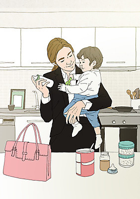 PSD 여자 어린이 가방 일러스트 안기 엄마 함께함 실내 정장 성인 두명 주방 화목 다정 자녀 아기 젖병 조리대 딸랑이 워킹맘 분유 아트툰 국내일러스트 잡화 옷 컨셉 가족 모션 사람 내부 아기용품 비즈니스우먼 그림 파일형식