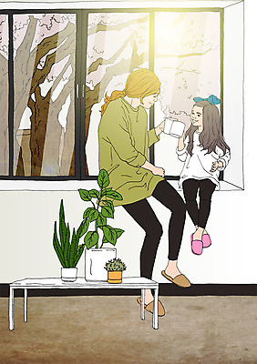 PSD 나무 여자 화분 여유 어린이 일러스트 탁자 엄마 티타임 슬리퍼 함께함 실내 성인 두명 화목 다정 머그컵 자녀 창가 아트툰 국내일러스트 식물 감정 가구 신발 컨셉 창문 가족 휴식 사람 내부 컵 그림 파일형식